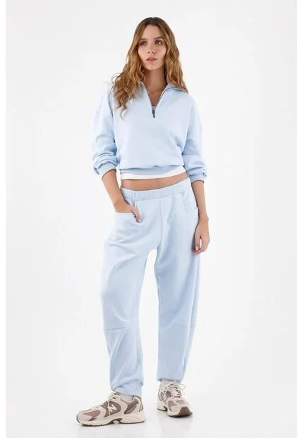 Tennis Buzo Para Mujer En Algodón Azul Cielo Fit Relajado Con Media Cremallera