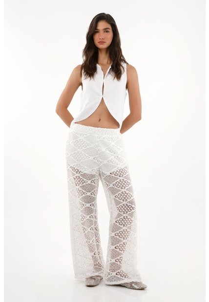 Tennis Pantalón Wide Leg En Tejido Abierto Crudo Para Mujer