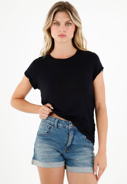 Camiseta Cuello Redondo Negra Para Mujer