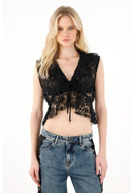 Tennis Camisa Con Encaje Negra Para Mujer