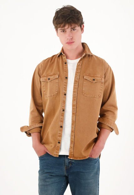 Chaqueta Tipo Camisa Con Efecto Vintage Café Para Hombre