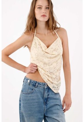 Tennis Top Ajustado Con Escote En Encaje Beige Para Mujer