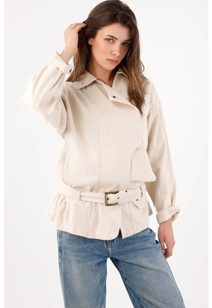 Tennis Cazadora Fit Relajado Con Cinturón De Algodón Beige Para Mujer
