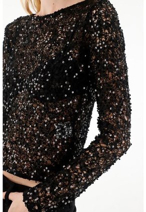 Camiseta Negra Manga Larga Con Lentejuelas Para Mujer
