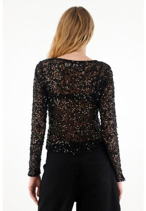 Camiseta Negra Manga Larga Con Lentejuelas Para Mujer