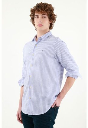 Camisa Cuello Francés Azul Para Hombre