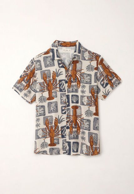 Camisa Tipo Bowling Con Estampado De Langostas Para Hombre