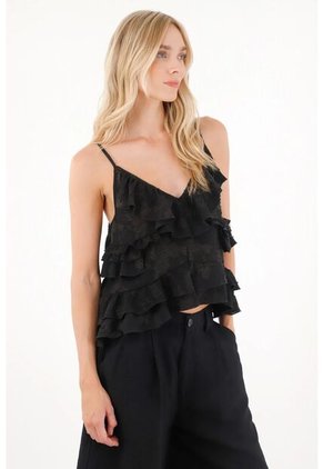 Tennis Camisa En Tela Bordada Con Boleros Negra Para Mujer