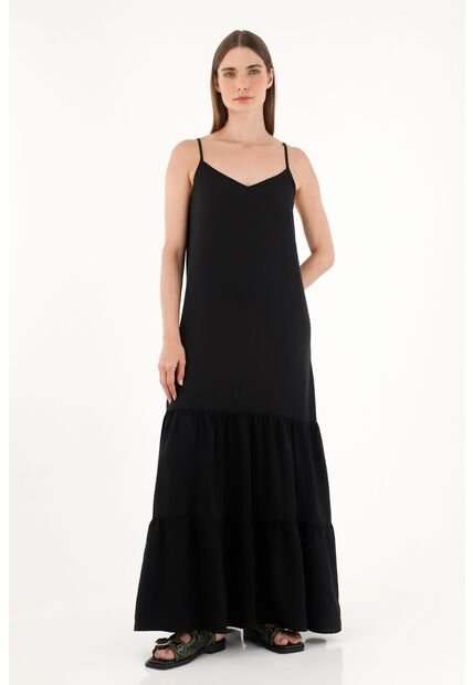 Tennis Vestido Largo Negro Con Tiras Graduales Para Mujer