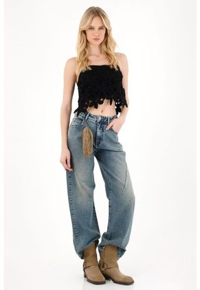 Tennis Camisa Crop Con Bordado De Flores Negra Para Mujer