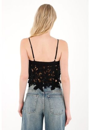 Tennis Camisa Crop Con Bordado De Flores Negra Para Mujer