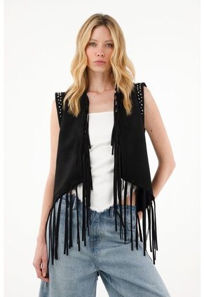 Chaleco Negro Con Flecos Para Mujer