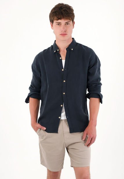 Camisa En 100% Lino Manga Larga Azul Para Hombre
