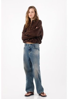 Tennis Jeans Recto En Denim Azul Medio Con Efecto Vintage Difuminado Para Mujer