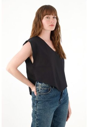 Tennis Camisa Manga Sisa Escote En V Negra Para Mujer