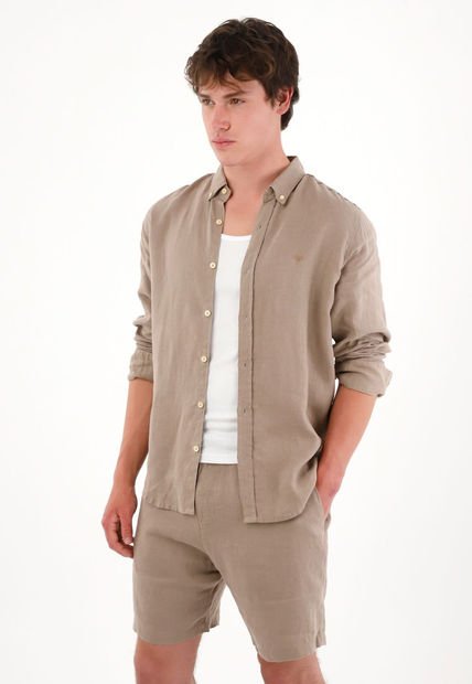 Camisa En 100% Lino Con Mini Bordado Gris Para Hombre