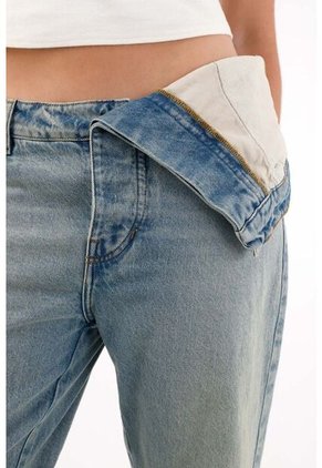 Tennis Jean Recto De Tiro Medio Con Doblez En Pretina Azul Para Mujer