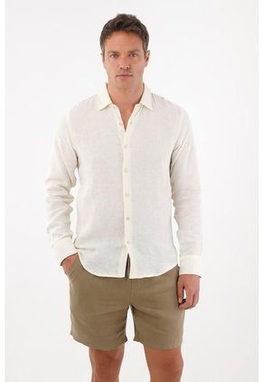 Tennis Camisa En 100% Lino Manga Larga Crudo Con Detalle Fruncido Para Hombre