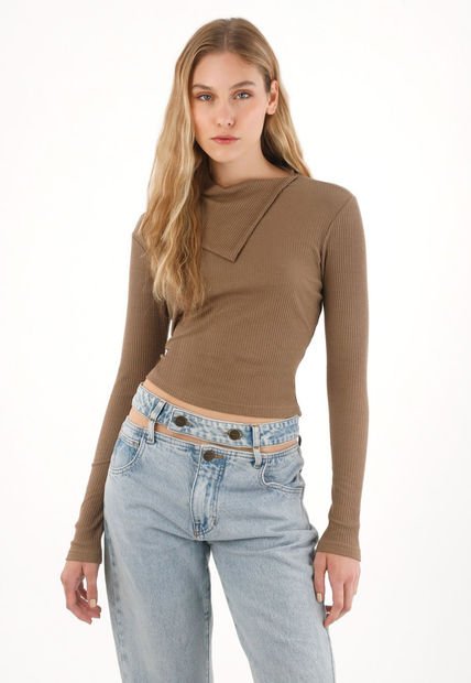 Camiseta En Rib Manga Larga Café Para Mujer