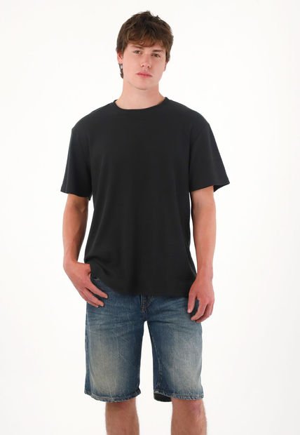 Camiseta Básica De Tela Con Textura Negra Para Hombre
