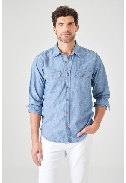 Tennis Camisa Fit Regular Con Doble Bolsillo Con Tapa De Algodón Azul Claro Para Hombre