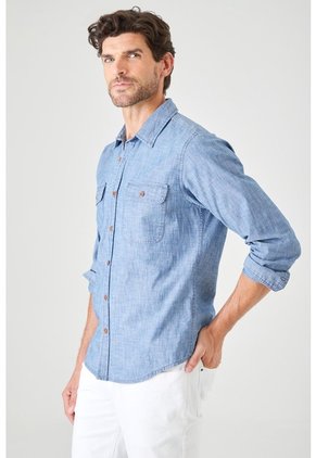 Tennis Camisa Fit Regular Con Doble Bolsillo Con Tapa De Algodón Azul Claro Para Hombre