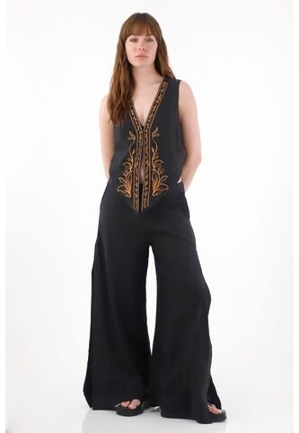 Tennis Pantalón Wide Leg En 100% Lino Negro Para Mujer Tennis