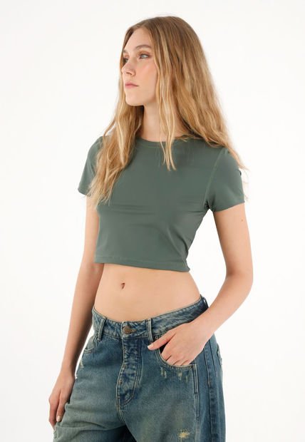 Camiseta Manga Corta Ajustada Gris Para Mujer