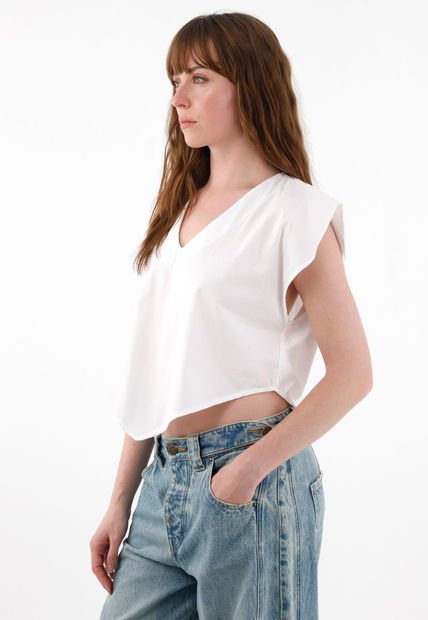 Camisa Manga Sisa Escote En V Blanca Para Mujer