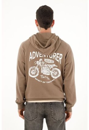 Buzo Tipo Hoodie Café Con Estampado Para Hombre