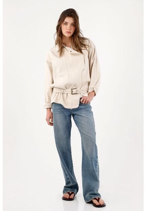 Tennis Cazadora Fit Relajado Con Cinturón De Algodón Beige Para Mujer