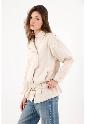 Tennis Cazadora Fit Relajado Con Cinturón De Algodón Beige Para Mujer