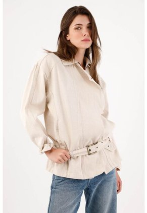 Tennis Cazadora Fit Relajado Con Cinturón De Algodón Beige Para Mujer