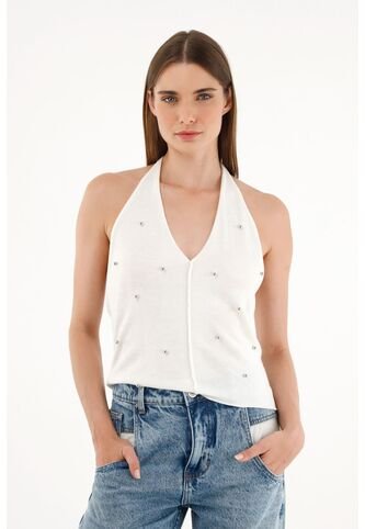 Tennis Camiseta Tejida Crudo Con Apliques De Brillo Para Mujer Tennis