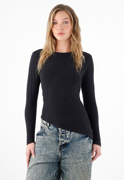 Camiseta Tejida Ajustada Negra Para Mujer
