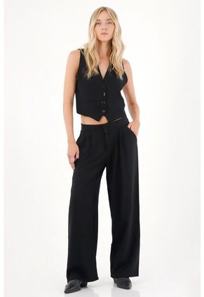 Tennis Pantalón Recto Con Prenses En Frente Negro Para Mujer