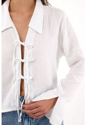 Tennis Camisa En 100% Lino Con Tiras Que Anudan En Frente Blanca Para Mujer