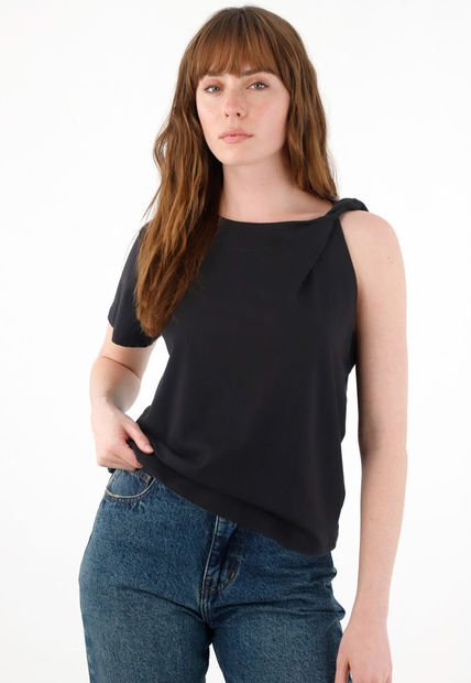 Camiseta Con Detalle Entorchado En Hombro Negra Para Mujer