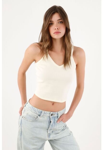 Tennis Top Slim Crop Con Escote V En Algodón Crema Para Mujer