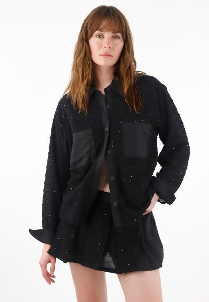 Camisa Con Detalles De Lentejuelas Y Lino Negra Para Mujer