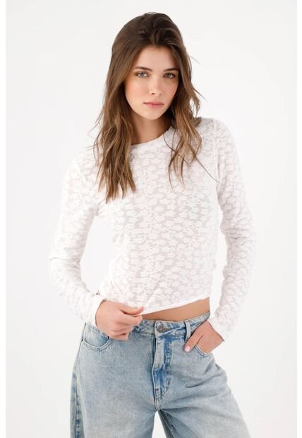 Tennis Camiseta Slim Con Textura Floral Translúcida De Poliéster Blanco Para Mujer