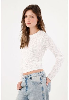 Tennis Camiseta Slim Con Textura Floral Translúcida De Poliéster Blanco Para Mujer