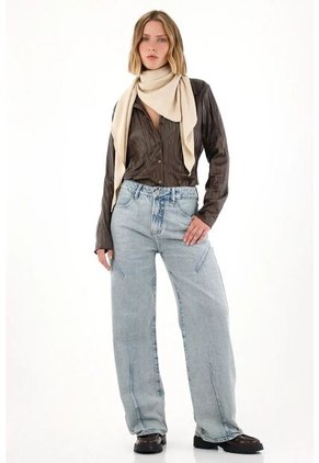 Tennis Jean Wide Leg Tiro Alto Azul Claro Para Mujer