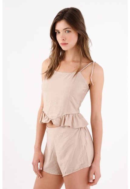 Tennis Top De Tiras Fit Relajado Con Volante Beige Arena Para Mujer