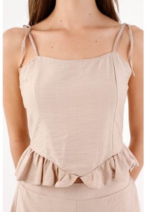 Tennis Top De Tiras Fit Relajado Con Volante Beige Arena Para Mujer