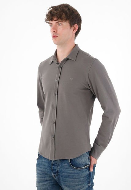 Camisa Clásica En Tejido De Punto Gris Para Hombre