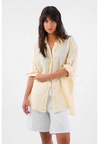 Tennis Camisa Para Mujer En Lino Amarillo Oversize Manga Larga Tennis