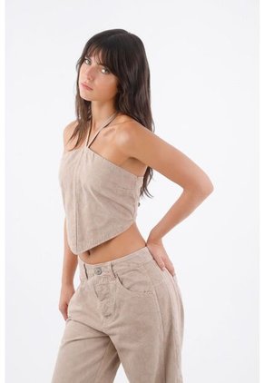 Tennis Top Halter Para Mujer De Algodón Beige Corto Con Tiras