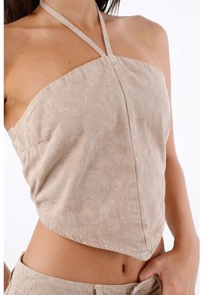 Tennis Top Halter Para Mujer De Algodón Beige Corto Con Tiras