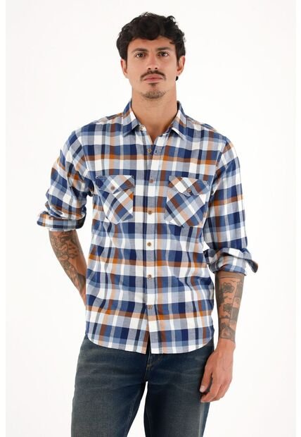 Camisa Leñadora Con Botones En Madera Azul Para Hombre